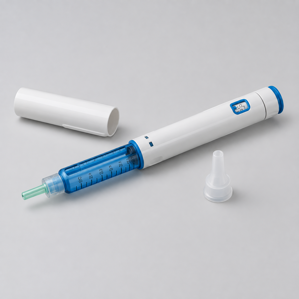 White and blue disposable peptide pen with removable cap and protective tip
